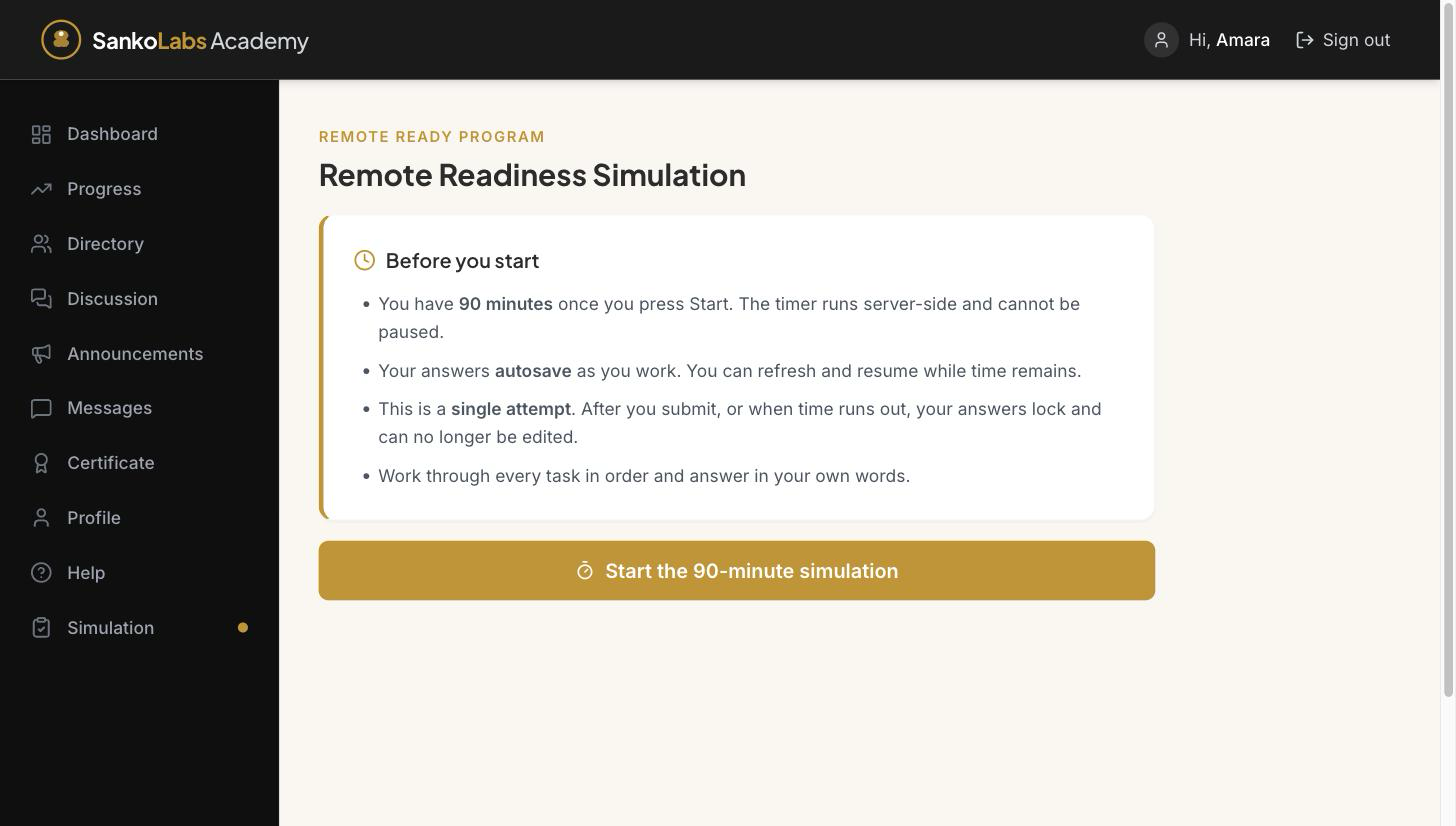 The start screen for the Remote Readiness Simulation in SankoLabs Academy, listing the rules before a candidate begins: 90 minutes on a server-side timer, answers that autosave, and a single attempt.